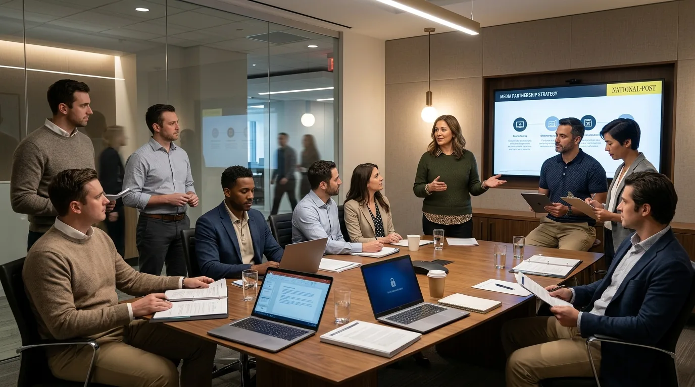 Canadian business team meeting in a boardroom reviewing strategy and operations.
