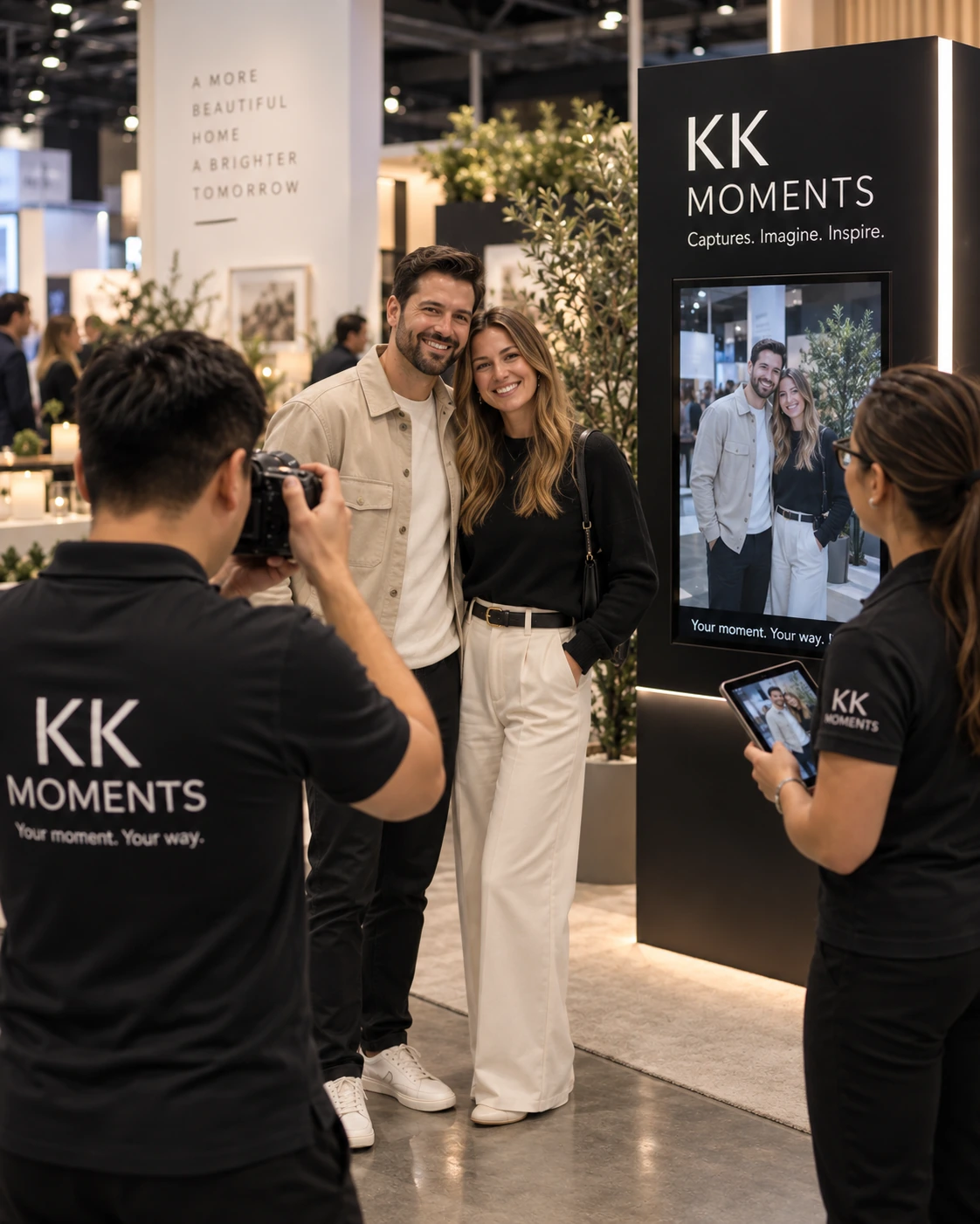 Visitors posing for a photograph at a premium KK Moments activation booth.