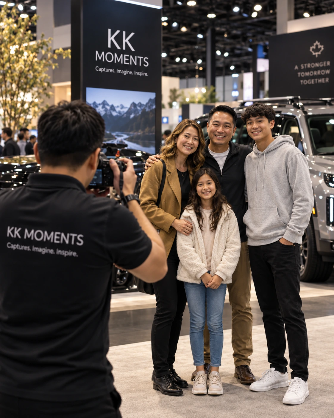 KK Moments photographer capturing a family portrait at a premium Canadian auto show.
