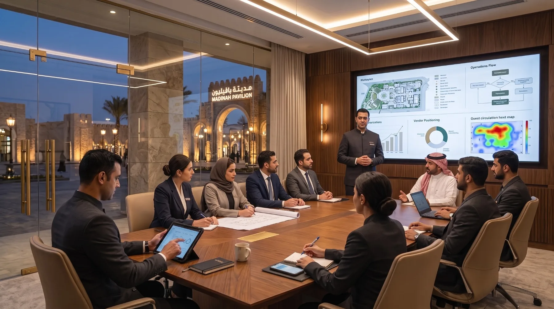 Operations team reviewing Madinah Pavilion site maps and operating information.